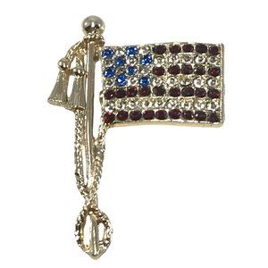 Gold Tone Patriotic American Flag Brooch Pin Red White Blue Rhinestones